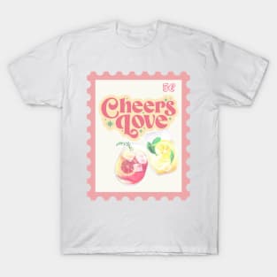 Cheers, Love! Retro Vintage Stamp Design – Cocktail Aesthetic for Girls’ Night Out T-Shirt